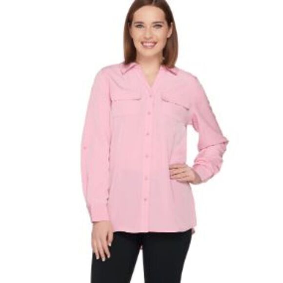 Denim & Co Women 3X Button Front Long Top Pink White Stripe Roll Tab Sleeve NWT - Picture 1 of 7